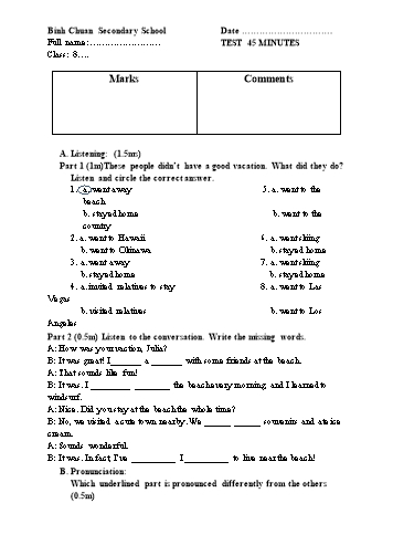 Đề kiểm tra 1 tiết môn Tiếng Anh Lớp 8 - Trường THCS Bình Chuẩn (Có đáp án)