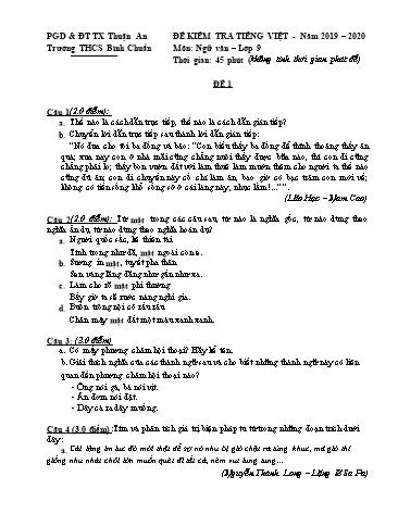 Đề kiểm tra 1 tiết phần tiếng việt môn Ngữ văn Lớp 9 - Trường THCS Bình Chuẩn - Năm học 2019-2020 (Có đáp án)