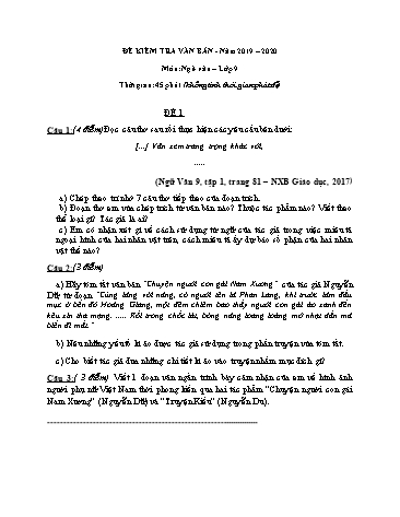 Đề kiểm tra 1 tiết phần văn bản môn Ngữ văn Lớp 9 - Năm học 2019-2020 (Có đáp án)