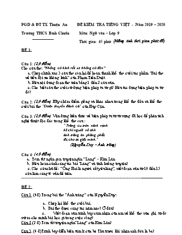 Đề kiểm tra 1 tiết phần văn hiện đại môn Ngữ văn Lớp 9 - Trường THCS Bình Chuẩn - Năm học 2019-2020 (Có đáp án)
