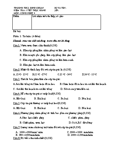 Đề kiểm tra 1 tiết thực hành môn Công nghệ Lớp 9 - Trường THCS Bình Chuẩn (Có đáp án)