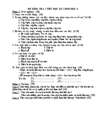Đề kiểm tra 45 phút học kì I môn Sinh học Lớp 6 (Có đáp án)