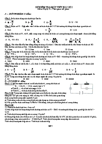 Đề kiểm tra 45 phút học kì I môn Vật lí Lớp 9 (Có đáp án)