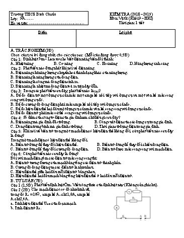 Đề kiểm tra 45 phút học kì I môn Vật lí Lớp 9 - Trường THCS Bình Chuẩn - Năm học 2018-2019 (Có đáp án)