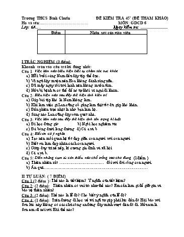 Đề kiểm tra 45 phút môn GDCD Lớp 6 - Trường THCS Bình Chuẩn (Có đáp án)