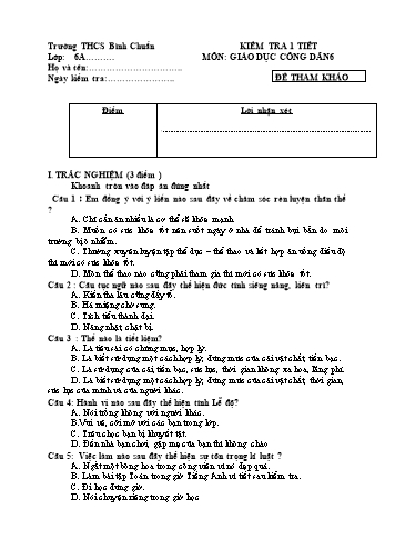 Đề kiểm tra 45 phút môn GDCD Lớp 6 - Trường THCS Bình Chuẩn - Đề 3 (Có đáp án)