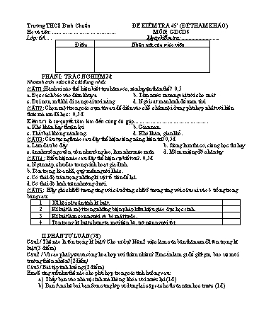 Đề kiểm tra 45 phút môn GDCD Lớp 6 - Trường THCS Bình Chuẩn - Đề 2 (Có đáp án)