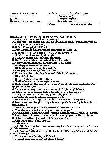 Đề kiểm tra 45 phút môn GDCD Lớp 7 - Trường THCS Bình Chuẩn (Có đáp án)
