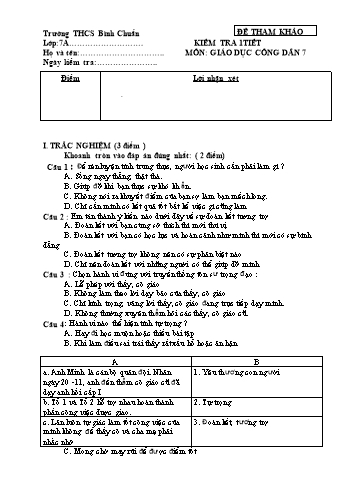 Đề kiểm tra 45 phút môn GDCD Lớp 7 - Trường THCS Bình Chuẩn - Đề 3 (Có đáp án)