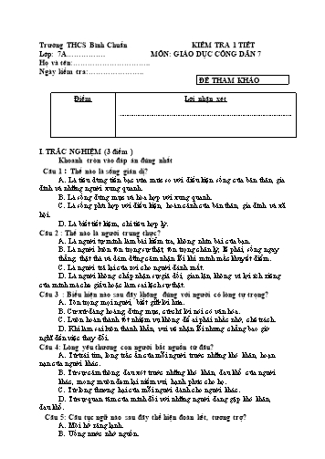Đề kiểm tra 45 phút môn GDCD Lớp 7 - Trường THCS Bình Chuẩn - Đề 2 (Có đáp án)