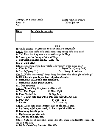 Đề kiểm tra 45 phút môn Lịch sử Lớp 8 - Trường THCS Bình Chuẩn (Có đáp án)