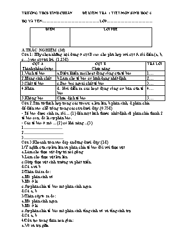 Đề kiểm tra 45 phút môn Sinh học Lớp 6 - Trường THCS Bình Chuẩn (Có đáp án)
