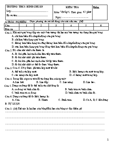 Đề kiểm tra 45 phút môn Vật lí Lớp 6 - Trường THCS Bình Chuẩn (Có đáp án)