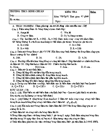 Đề kiểm tra 45 phút môn Vật lí Lớp 9 - Trường THCS Bình Chuẩn (Có đáp án)