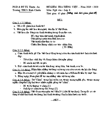 Đề kiểm tra 45 phút phần tiếng việt môn Ngữ văn Lớp 6 - Trường THCS Bình Chuẩn - Năm học 2019-2020 (Có đáp án)