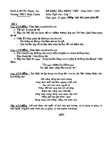 Đề kiểm tra 45 phút phần tiếng việt môn Ngữ văn Lớp 7 - Trường THCS Bình Chuẩn - Năm học 2019-2020 (Có đáp án)