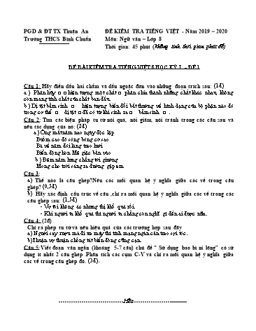 Đề kiểm tra 45 phút phần tiếng việt môn Ngữ văn Lớp 8 - Trường THCS Bình Chuẩn - Năm học 2019-2020 (Có đáp án)