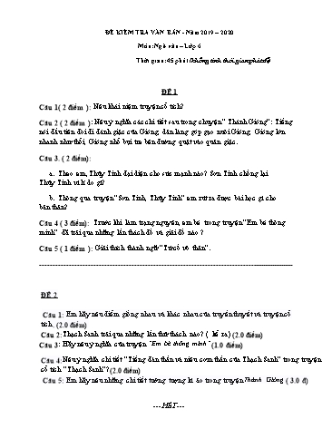 Đề kiểm tra 45 phút phần văn bản môn Ngữ văn Lớp 6 - Năm học 2019-2020 (Có đáp án)