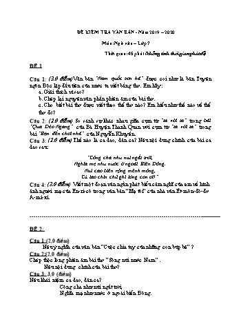 Đề kiểm tra 45 phút phần văn bản môn Ngữ văn Lớp 7 - Năm học 2019-2020 (Có đáp án)