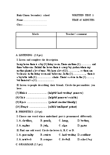 Đề kiểm tra 45 phút phần viết lần 1 môn Tiếng Anh Lớp 6 - Trường THCS Bình Chuẩn (Có đáp án)