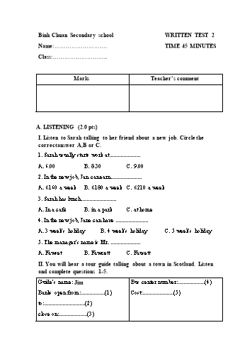 Đề kiểm tra 45 phút phần viết lần 2 môn Tiếng Anh Lớp 6 - Trường THCS Bình Chuẩn (Có đáp án)