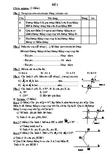 Đề kiểm tra chương I môn Hình học Khối 7 (Có đáp án)