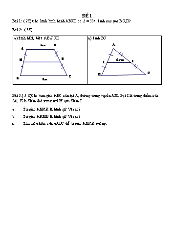 Đề kiểm tra chương I môn Hình học Lớp 8 (Có đáp án)