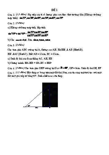 Đề kiểm tra chương I môn Hình học Lớp 9 (Có đáp án)