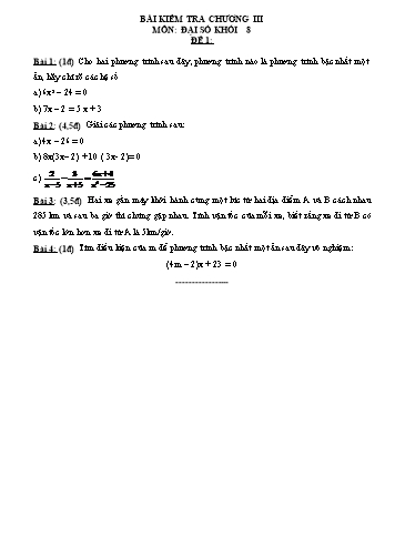 Đề kiểm tra chương III môn Đại số Lớp 8 (Có đáp án)