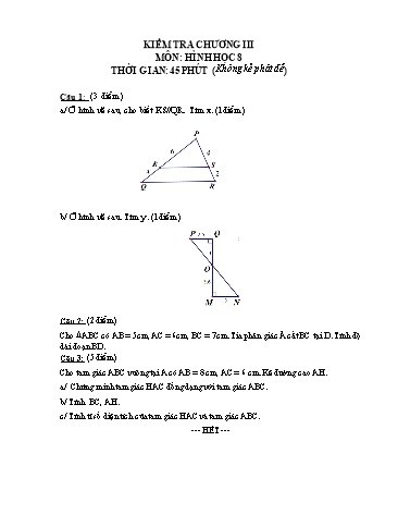 Đề kiểm tra chương III môn Hình học Lớp 8 (Có đáp án)