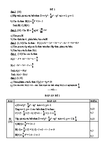 Đề kiểm tra chương IV môn Đại số Khối 7 (Có đáp án)