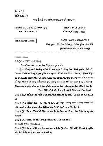 Đề kiểm tra cuối kì II môn Ngữ văn Lớp 8 - Phòng GD&ĐT Thị xã Tân Uyên - Năm học 2020-2021 (Có đáp án)