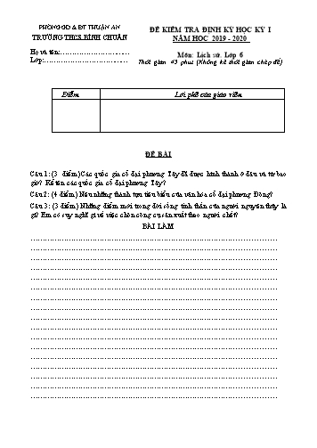 Đề kiểm tra định kì học kì I môn Lịch sử Lớp 6 - Trường THCS Bình Chuẩn - Năm học 2019-2020 (Có đáp án)