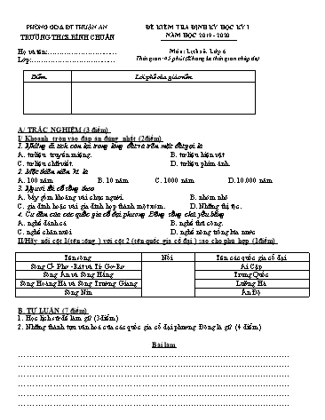 Đề kiểm tra định kì học kì I môn Lịch sử Lớp 6 - Trường THCS Bình Chuẩn - Năm học 2019-2020 - Đề 2 (Có đáp án)