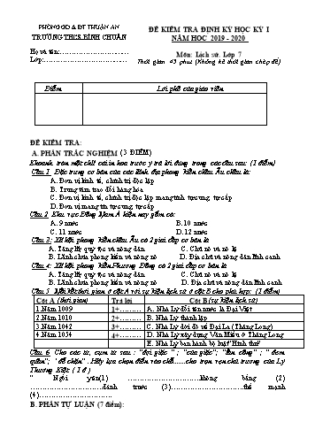 Đề kiểm tra định kì học kì I môn Lịch sử Lớp 7 - Trường THCS Bình Chuẩn - Năm học 2019-2020 - Đề 2 (Có đáp án)