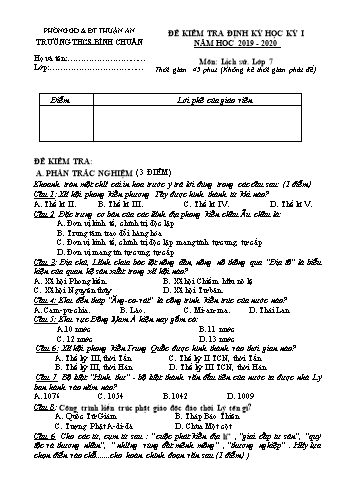 Đề kiểm tra định kì học kì I môn Lịch sử Lớp 7 - Trường THCS Bình Chuẩn - Năm học 2019-2020 (Có đáp án)