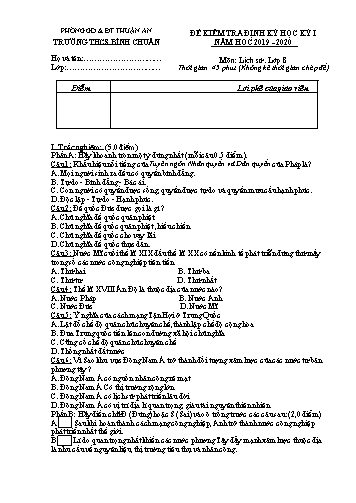 Đề kiểm tra định kì học kì I môn Lịch sử Lớp 8 - Trường THCS Bình Chuẩn - Năm học 2019-2020 (Có đáp án)