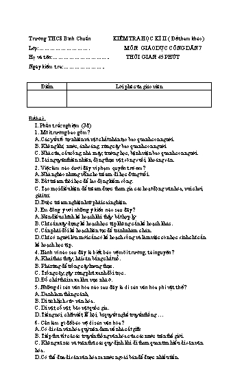 Đề kiểm tra học kì II môn GDCD Lớp 7 - Trường THCS Bình Chuẩn (Có đáp án)