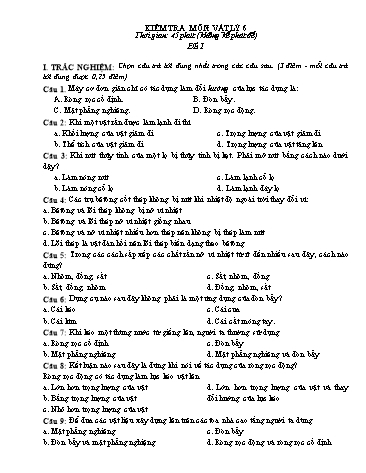 Đề kiểm tra môn Vật lí Lớp 6 - Đề 1