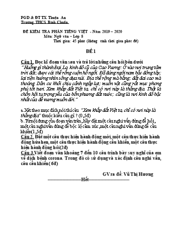 Đề kiểm tra phần tiếng Việt môn Ngữ văn Lớp 8 - Trường THCS Bình Chuẩn - Năm học 2019-2020 (Có đáp án)