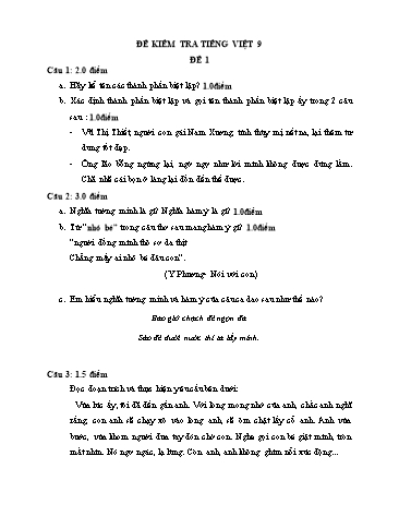 Đề kiểm tra phần tiếng việt môn Ngữ văn Lớp 9 (Có đáp án)