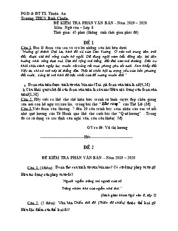 Đề kiểm tra phần văn bản môn Ngữ văn Lớp 8 - Trường THCS Bình Chuẩn - Năm học 2019-2020 (Có đáp án)