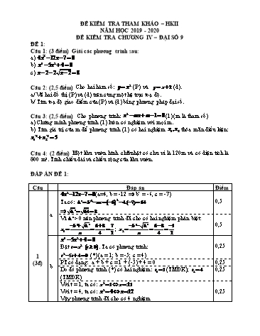Đề kiểm tra tham khảo chương IV môn Đại số Lớp 9 - Năm học 2019-2020 (Có đáp án)