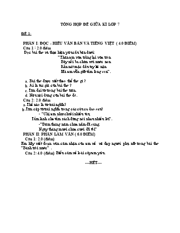 Đề ôn tập giữa kì môn Ngữ văn Lớp 7 (Có đáp án)
