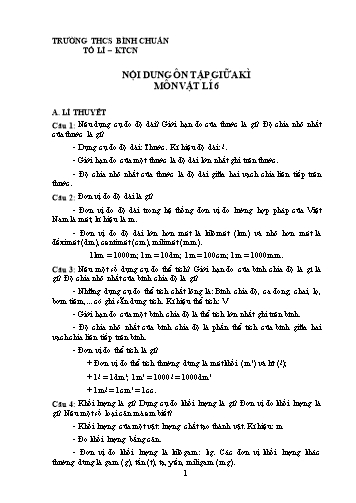 Đề ôn tập giữa kì môn Vật lí Lớp 6 - Trường THCS Bình Chuẩn (Có đáp án)