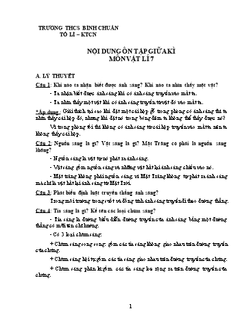 Đề ôn tập giữa kì môn Vật lí Lớp 7 - Trường THCS Bình Chuẩn (Có đáp án)