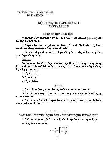 Đề ôn tập giữa kì môn Vật lí Lớp 8 - Trường THCS Bình Chuẩn (Có đáp án)