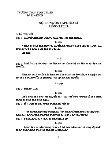 Đề ôn tập giữa kì môn Vật lí Lớp 9 - Trường THCS Bình Chuẩn (Có đáp án)