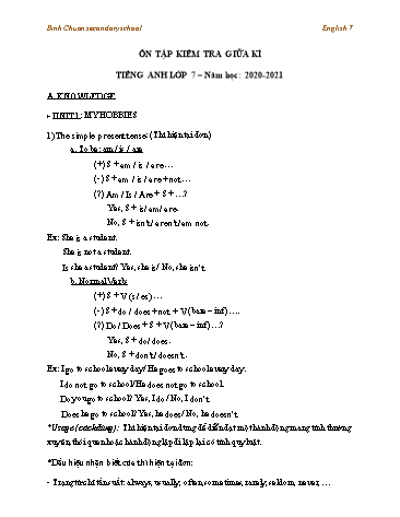 Đề ôn tập kiểm tra giữa kì môn Tiếng Anh Lớp 7 - Trường THCS Bình Chuẩn - Năm học 2020-2021