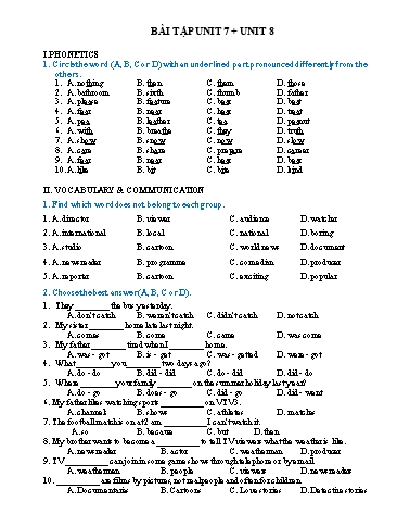 Đề ôn tập môn Tiếng Anh Lớp 6 - Unit 7+8 (Có đáp án)